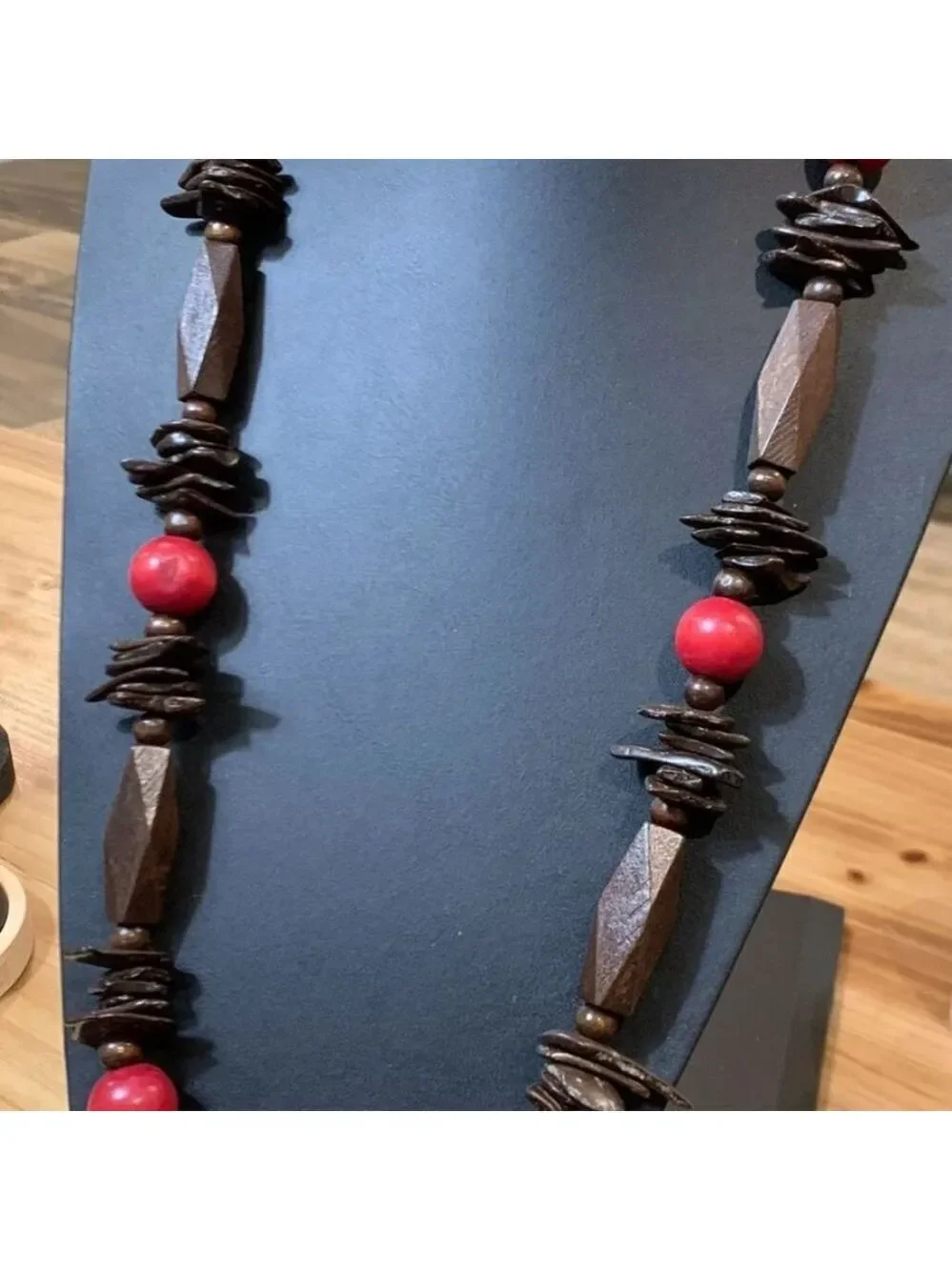 Wooden Elegant Brown and Red Beaded Geometric Necklace 36